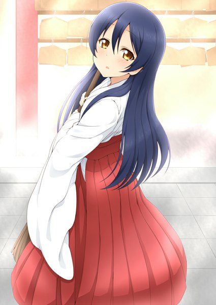 Anime picture 716x1010 with love live! school idol project sunrise (studio) love live! sonoda umi jampen single long hair tall image looking at viewer yellow eyes blue hair traditional clothes japanese clothes miko girl