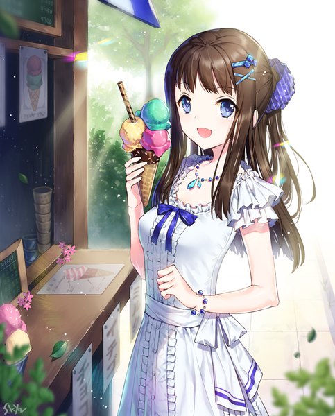 Anime picture 644x800 with original natsu (759aqsw) single long hair tall image looking at viewer fringe open mouth blue eyes smile brown hair holding signed payot outdoors ponytail sunlight girl dress food