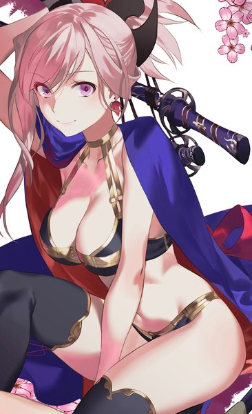 Anime picture 731x1197 with fate (series) fate/grand order miyamoto musashi (fate) salmon88 single long hair tall image looking at viewer blush fringe breasts light erotic smile hair between eyes large breasts sitting pink hair cleavage pink eyes arm up