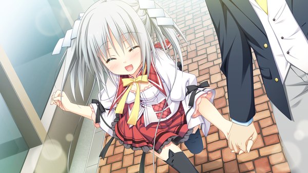 Anime picture 1280x720 with timepiece ensemble tsukiyono chiara sesena yau long hair blush open mouth wide image twintails game cg white hair eyes closed couple ^ ^ ^o^ girl thighhighs dress boy uniform black thighhighs