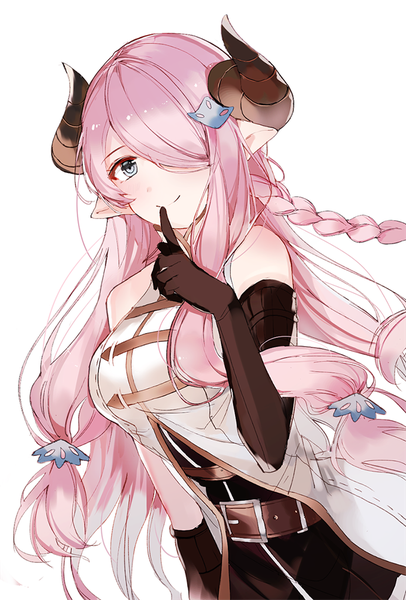 Anime picture 677x1000 with granblue fantasy narmaya (granblue fantasy) naru (ul) single long hair tall image looking at viewer fringe breasts simple background smile large breasts white background bare shoulders pink hair upper body braid (braids) horn (horns) pointy ears hair over one eye