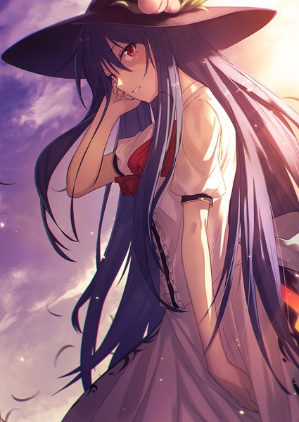 Anime picture 724x1023 with touhou hinanawi tenshi ibuki notsu single long hair tall image looking at viewer fringe open mouth smile hair between eyes red eyes standing holding blue hair sky cloud (clouds) very long hair parted lips profile