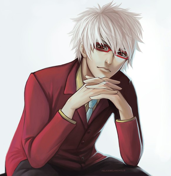 Anime picture 1200x1237 with gintama sunrise (studio) sakata gintoki tagme (artist) single tall image looking at viewer short hair simple background red eyes white hair lips interlocked fingers boy glasses necktie