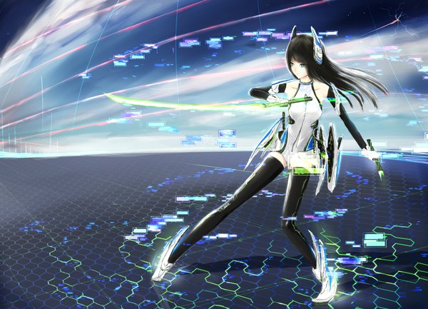 Anime picture 2046x1478 with original kikivi single long hair highres blue eyes black hair fighting stance girl thighhighs weapon black thighhighs sword katana bodysuit