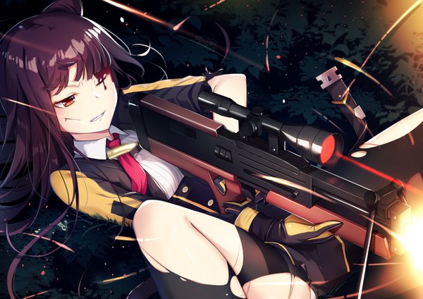 Anime picture 1228x868 with girls frontline wa2000 (girls frontline) yan (nicknikg) single long hair fringe light erotic holding brown eyes looking away purple hair lying parted lips on back one side up blood on face battle torn pantyhose injury sniper