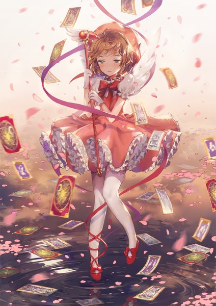 Anime picture 900x1273 with card captor sakura clamp kinomoto sakura dangmill single tall image blush fringe short hair brown hair standing holding green eyes looking away cloud (clouds) ahoge parted lips wind sunlight shadow