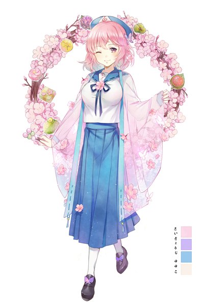 Anime picture 1253x1887 with touhou saigyouji yuyuko ekita xuan single tall image looking at viewer short hair white background pink hair full body pleated skirt one eye closed pink eyes light smile wink character names cherry blossoms adapted costume girl skirt