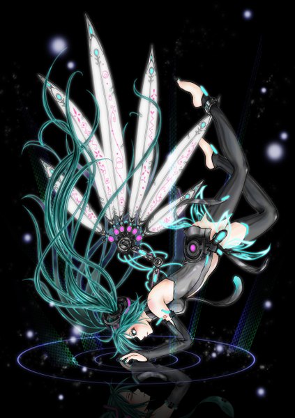 Anime picture 1748x2480 with vocaloid vocaloid append hatsune miku hatsune miku (append) single long hair tall image highres bare shoulders green eyes nail polish green hair reflection upside down mechanical wings mechanical parts girl detached sleeves necktie collar