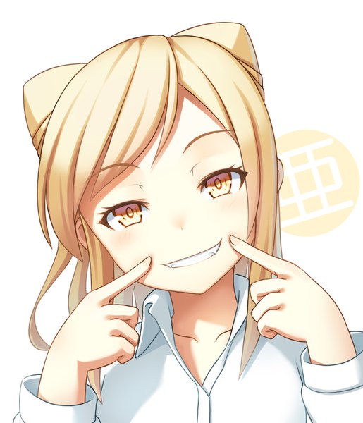 Anime picture 1288x1500 with demi-chan wa kataritai a-1 pictures takanashi hikari sakais3211 single tall image looking at viewer blush short hair simple background blonde hair smile white background yellow eyes upper body head tilt teeth fang (fangs) portrait eyebrows