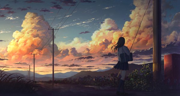 Anime picture 2321x1240 with original sugi87 single long hair highres wide image standing sky cloud (clouds) outdoors pleated skirt wind evening horizon mountain landscape girl skirt uniform plant (plants)