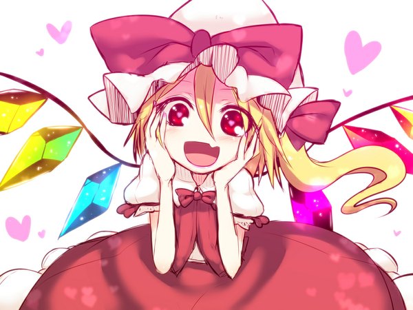 Anime picture 1000x750 with touhou flandre scarlet kuresento single long hair looking at viewer blush short hair open mouth blonde hair hair between eyes red eyes white background side ponytail asymmetrical hair hands on face girl dress skirt wings