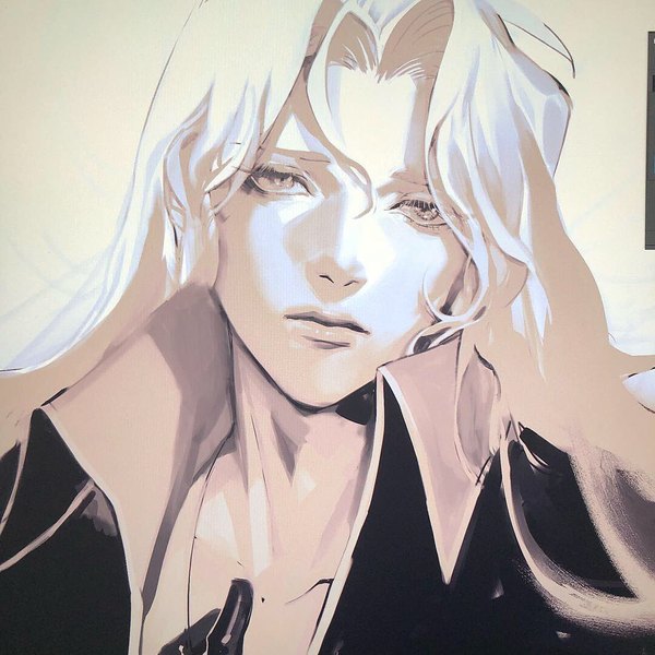 Anime picture 1080x1080 with castlevania castlevania: symphony of the night konami alucard (castlevania) ngop single long hair looking at viewer simple background upper body head tilt monochrome portrait open collar yellow background boy gloves shirt black gloves