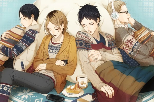 Anime picture 1800x1198 with haikyuu!! production i.g tsukishima kei kozume kenma akaashi keiji kunimi akira shirasaki highres short hair open mouth black hair blonde hair eyes closed multicolored hair lips two-tone hair multiple boys reclining sleeping boy