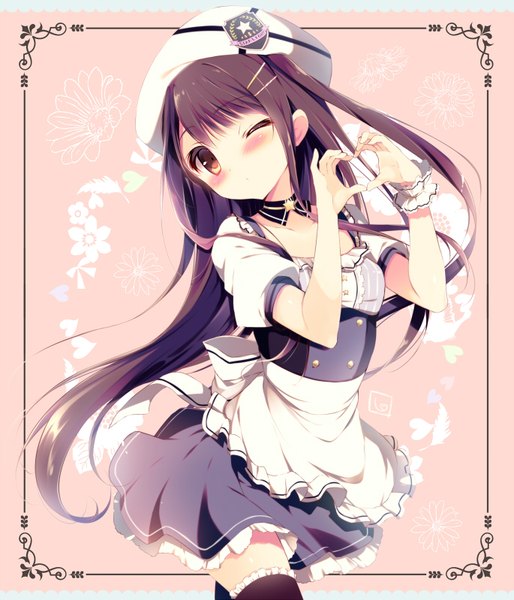 Anime picture 685x800 with original shiratama (shiratamaco) single long hair tall image blush brown hair brown eyes one eye closed wink :o maid heart hands girl thighhighs uniform flower (flowers) black thighhighs frills heart