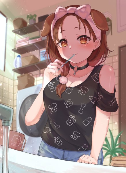 Anime picture 1837x2515 with virtual youtuber hololive inugami korone ayama nano single long hair tall image looking at viewer highres breasts brown hair standing brown eyes animal ears cleavage indoors sunlight official alternate costume dog ears dog girl