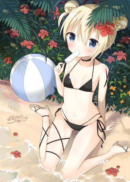 Anime picture 715x1000 with original tia-chan uchuuneko single tall image looking at viewer blush fringe short hair breasts open mouth blue eyes light erotic blonde hair hair between eyes sitting bare shoulders holding full body bent knee (knees)
