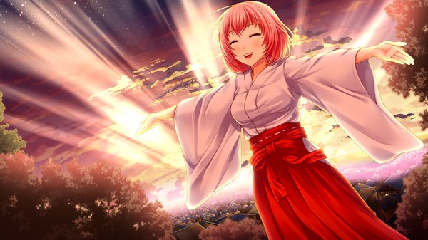 Anime picture 1280x720 with ayame no machi to ohimesama kazuharu kina single blush short hair breasts open mouth smile wide image large breasts pink hair game cg cloud (clouds) eyes closed traditional clothes japanese clothes sunlight teeth happy spread arms