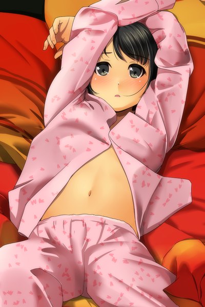 Anime picture 800x1200 with original matsunaga kouyou single tall image looking at viewer blush short hair open mouth light erotic black hair lying black eyes bare belly on back hands on head girl navel pajamas