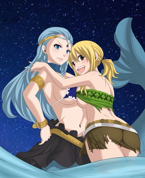 Anime picture 1536x1894 with fairy tail lucy heartfilia aquarius (fairy tail) sophie4391 long hair tall image blush breasts open mouth blue eyes light erotic blonde hair smile large breasts twintails multiple girls brown eyes blue hair tail night