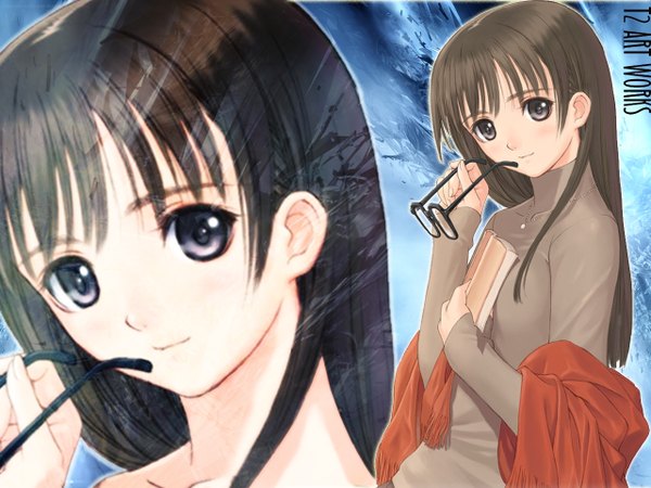Anime picture 1280x960 with original tony taka zephyranthez single long hair looking at viewer brown hair holding brown eyes light smile copyright name third-party edit zoom layer eyewear removed girl glasses book (books) turtleneck shawl