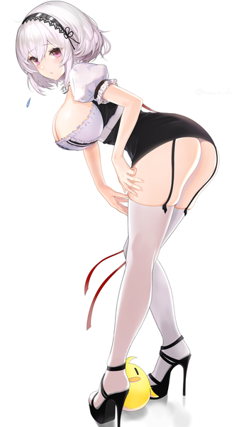 Anime picture 1125x2000 with azur lane manjuu (azur lane) sirius (azur lane) nanam (nanam sk) single tall image looking at viewer blush fringe short hair breasts light erotic simple background hair between eyes large breasts standing white background cleavage silver hair full body