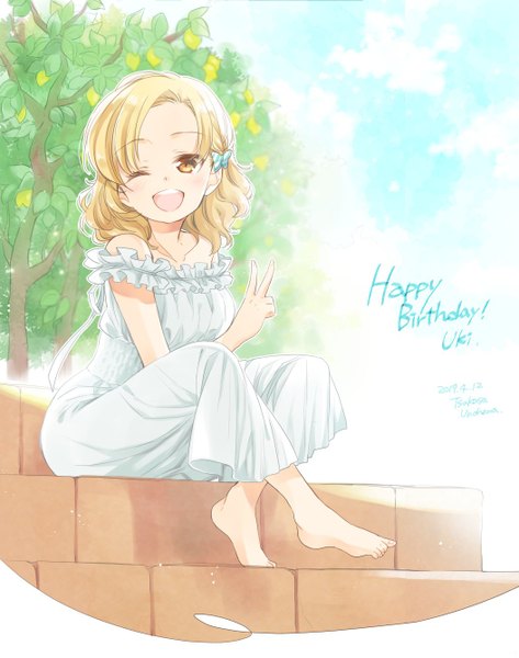 Anime picture 1053x1336 with anima yell! sawatari uki unohana tsukasa single long hair tall image looking at viewer blush fringe open mouth blonde hair smile sitting bare shoulders signed yellow eyes sky full body bent knee (knees) outdoors