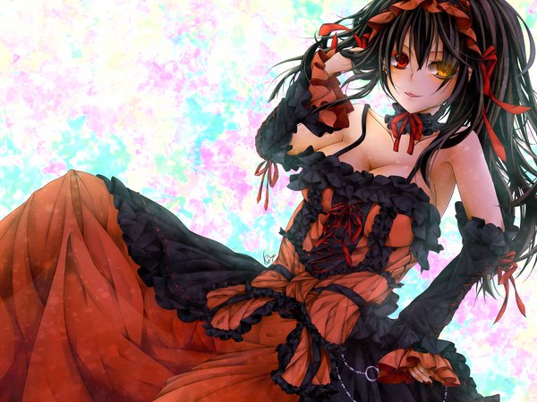 Anime picture 2000x1500 with date a live tokisaki kurumi icf32030 single long hair looking at viewer highres black hair smile heterochromia girl dress detached sleeves frills headdress