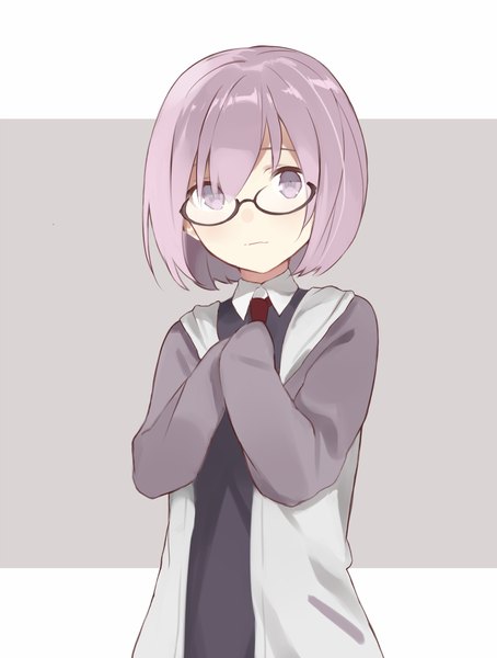 Anime picture 1217x1607 with fate (series) fate/grand order mash kyrielight hasegawa (rarairairai) single tall image blush fringe short hair simple background hair between eyes standing purple eyes looking away purple hair upper body long sleeves grey background embarrassed hands clasped