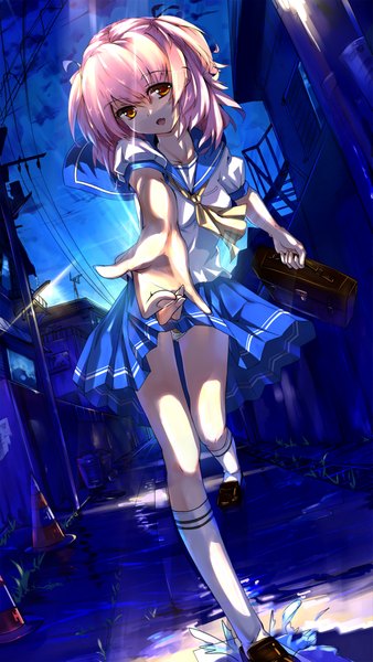 Anime picture 1267x2250 with original baisi shaonian single tall image looking at viewer short hair open mouth light erotic twintails brown eyes pink hair night pantyshot short twintails light outstretched hand walking girl skirt uniform