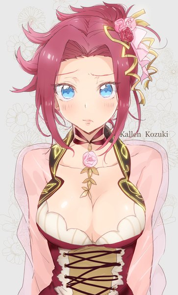 Anime picture 1240x2048 with code geass sunrise (studio) kallen stadtfeld sumiw single long hair tall image blush breasts blue eyes light erotic large breasts pink hair cleavage lips grey background embarrassed alternate hairstyle lacing floral background