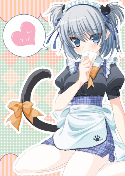 Anime picture 1000x1408 with original kazushima single tall image looking at viewer blush short hair blue eyes blue hair tail animal tail maid cat girl cat tail two side up girl bow headdress maid headdress apron