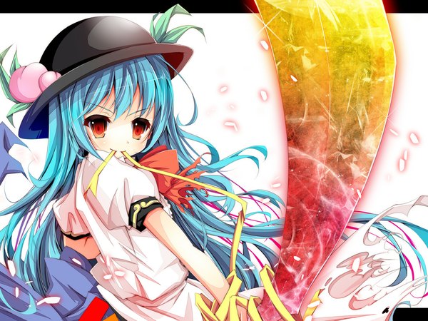 Anime picture 1102x827 with touhou hinanawi tenshi red eyes blue hair girl ribbon (ribbons) hat sword