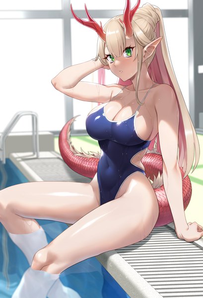 Anime picture 1380x2024 with original prime single long hair tall image looking at viewer blush fringe breasts light erotic blonde hair hair between eyes large breasts sitting green eyes payot cleavage ponytail indoors tail