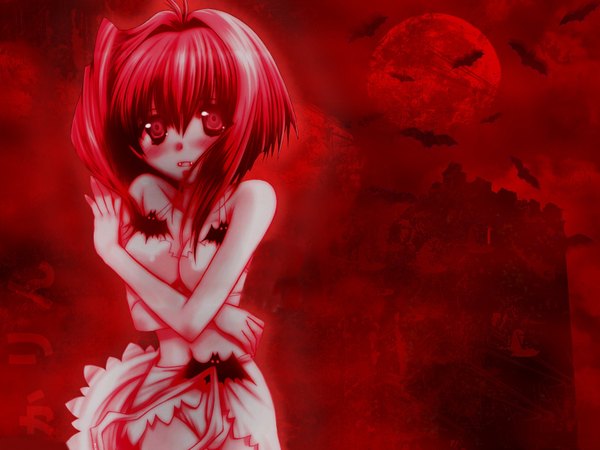 Anime picture 1600x1200 with karin j.c. staff maaka karin single looking at viewer blush short hair open mouth red eyes red hair teeth fang (fangs) embarrassed torn clothes red background covering bat wings covering breasts vampire girl