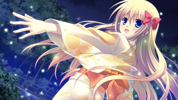 Anime picture 1024x576 with lovely quest long hair blush open mouth blue eyes blonde hair wide image game cg japanese clothes girl bow hair bow kimono obi