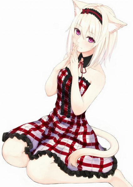 Anime picture 600x847 with original nanda rone single long hair tall image blush fringe simple background blonde hair smile white background bare shoulders animal ears bent knee (knees) tail animal tail pink eyes barefoot cat ears bare legs