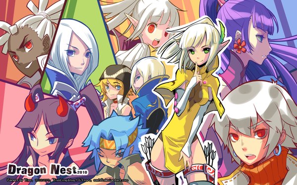 Anime picture 1440x900 with dragon nest archer (dragon nest) sorceress (dragon nest) cleric (dragon nest) warrior (dragon nest) ziyoling long hair open mouth blue eyes blonde hair smile red eyes wide image purple eyes twintails multiple girls green eyes blue hair cleavage purple hair