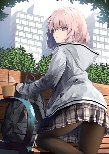 Anime picture 1131x1600 with original bitterpain single tall image looking at viewer fringe short hair hair between eyes standing purple eyes silver hair bent knee (knees) outdoors long sleeves pleated skirt looking back plaid skirt expressionless girl skirt