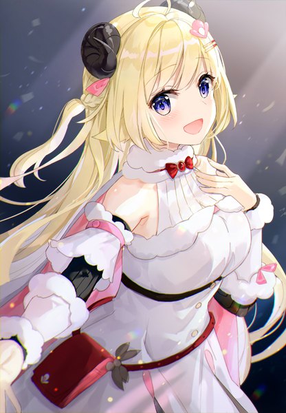 Anime picture 746x1076 with virtual youtuber hololive tsunomaki watame tsunomaki watame (1st costume) fuumi (radial engine) single long hair tall image looking at viewer blush fringe open mouth blue eyes simple background blonde hair smile standing animal ears payot ahoge