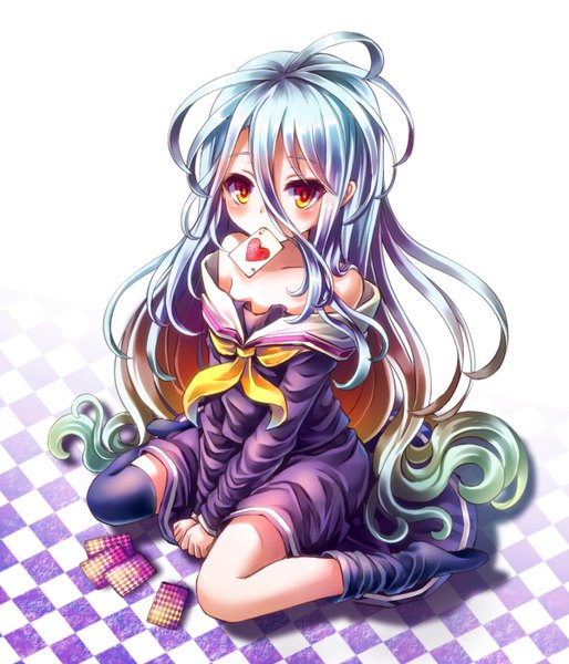 Anime picture 1200x1400 with no game no life madhouse shiro (no game no life) daphne zhang single tall image looking at viewer blush hair between eyes sitting bare shoulders yellow eyes very long hair multicolored hair girl thighhighs dress black thighhighs card (cards)