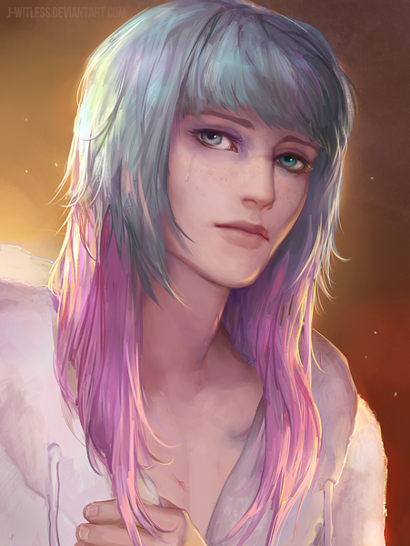 Anime picture 1500x1994 with j-witless single long hair tall image blue eyes simple background signed pink hair silver hair multicolored hair lips realistic two-tone hair grey eyes heterochromia portrait gradient hair close-up boy teardrop