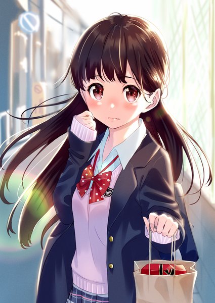 Anime picture 1003x1416 with original moe2019 tsukiman single long hair tall image looking at viewer blush fringe red eyes brown hair standing holding outdoors long sleeves wind blurry open clothes depth of field embarrassed