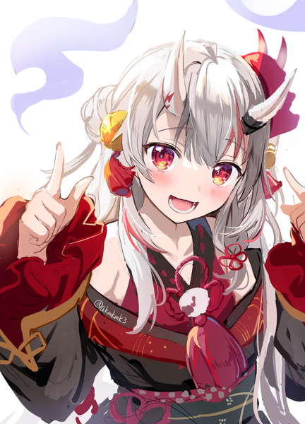 Anime picture 1000x1390 with virtual youtuber hololive nakiri ayame nakiri ayame (1st costume) akamoku single long hair tall image looking at viewer blush fringe open mouth hair between eyes red eyes white background signed silver hair upper body :d horn (horns)