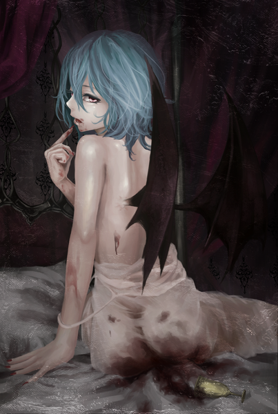 Anime picture 1345x2000 with touhou remilia scarlet akaikitsune single tall image short hair open mouth light erotic red eyes blue hair profile looking back back finger to mouth topless girl dress wings blood wine glass