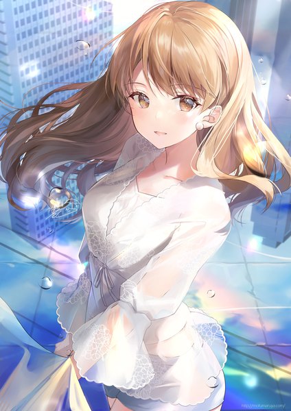 Anime picture 2122x3000 with original kagachi saku single long hair tall image looking at viewer blush fringe highres open mouth brown hair standing brown eyes signed floating hair reflection girl earrings shorts building (buildings)