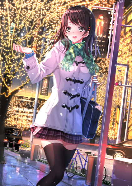 Anime picture 1102x1560 with original swordsouls single long hair tall image blush open mouth black hair brown eyes outdoors plaid skirt snowing winter girl thighhighs skirt black thighhighs plant (plants) miniskirt tree (trees)