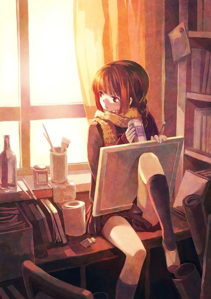 Anime picture 1000x1414 with original minami seira single long hair tall image blush open mouth brown hair sitting brown eyes looking away pleated skirt sunlight painting girl thighhighs uniform black thighhighs school uniform window