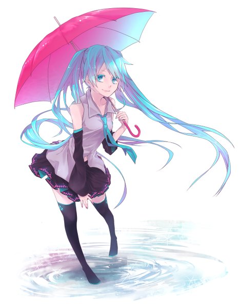 Anime picture 2100x2700 with vocaloid hatsune miku dlei single tall image highres white background twintails bare shoulders very long hair aqua eyes aqua hair zettai ryouiki girl thighhighs detached sleeves necktie umbrella