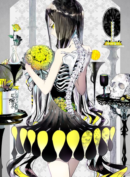 Anime picture 2112x2880 with original rooseputo 02 single tall image looking at viewer highres black hair standing yellow eyes very long hair profile multicolored hair colored inner hair skeleton girl flower (flowers) rose (roses) gift bouquet skull