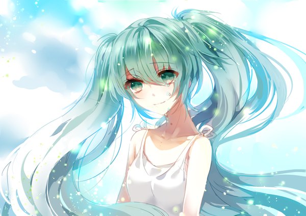 Anime picture 1600x1133 with vocaloid hatsune miku nevakuma (fanfanas) single long hair fringe hair between eyes twintails green eyes looking away upper body green hair tears girl